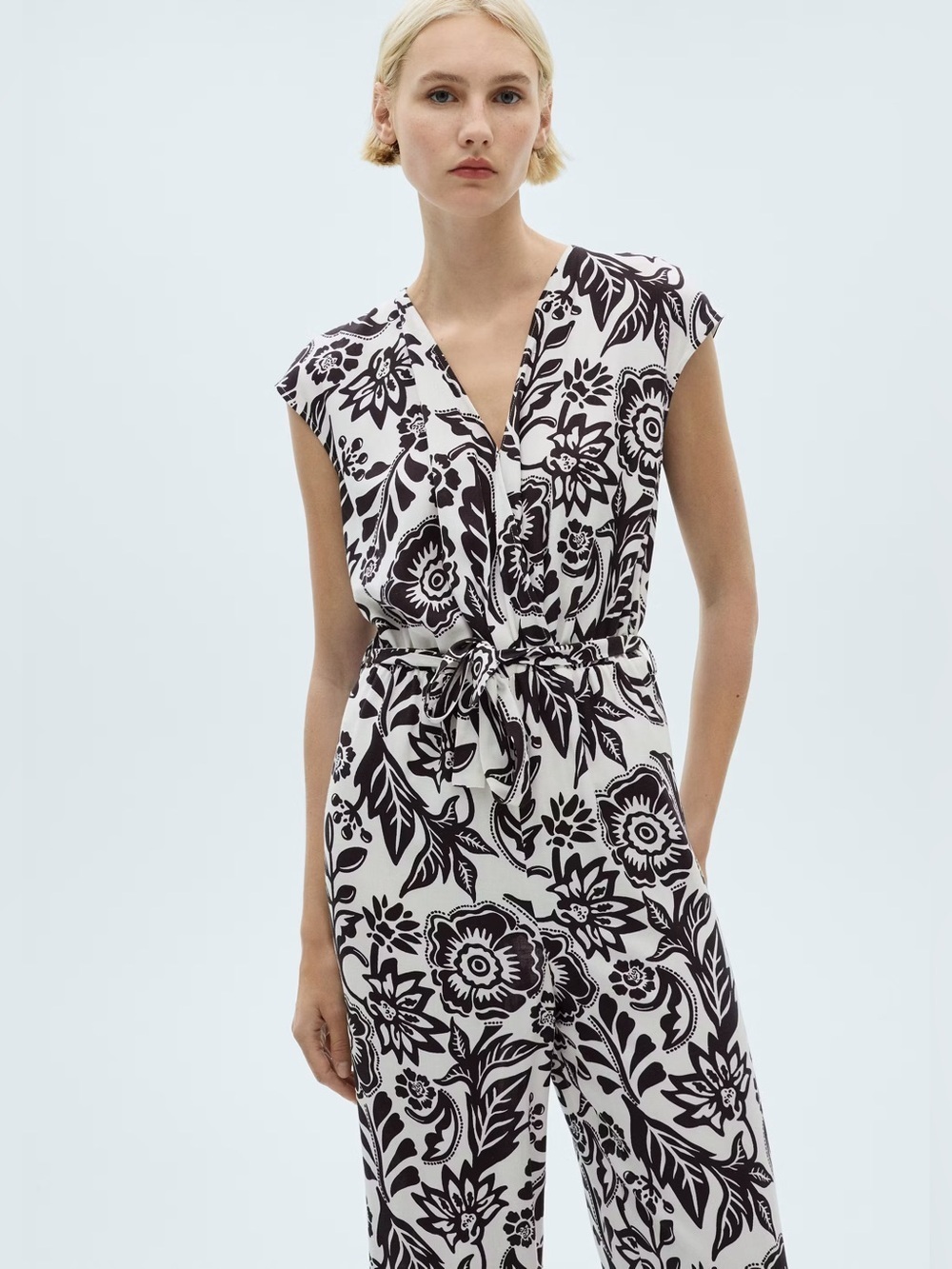 Mango Black and White Belt printed jumpsuit NWT